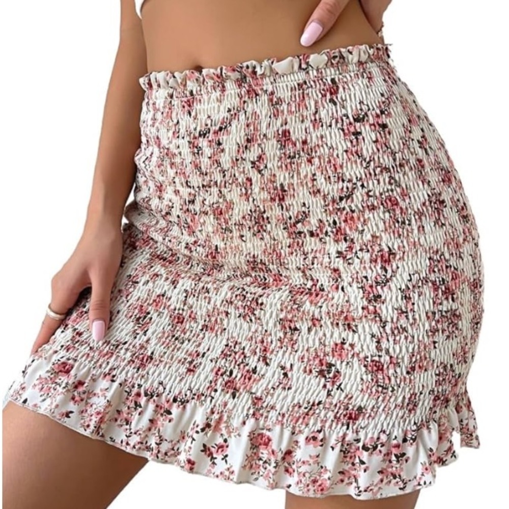 Revamped Pink Smocked Mini Pencil Skirt with Ruffled Hem